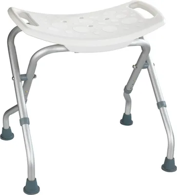 A white shower stool with a curved seat and silver legs, shown against a white background.