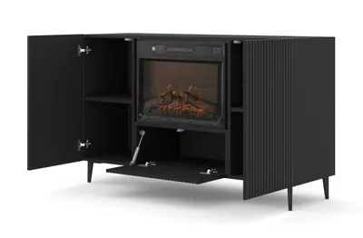 Immagine prodotto di Cassettiera RAVENNA L 140 cm 2D1K con camino elettrico BLACK MATT su gambe nere