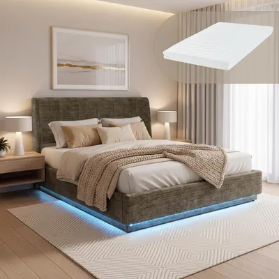 Image de Lit rembourré LED "Tröstiar" avec coffre de lit et matelas en lin, dimensions 160 x 200 cm, couleur verte