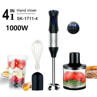 Produktbild von 4-in-1 Stabmixer 1000 W, Edelstahlklinge, 10.200 U/min, mit Schneebesen, für Fleisch, Gemüse & Eier