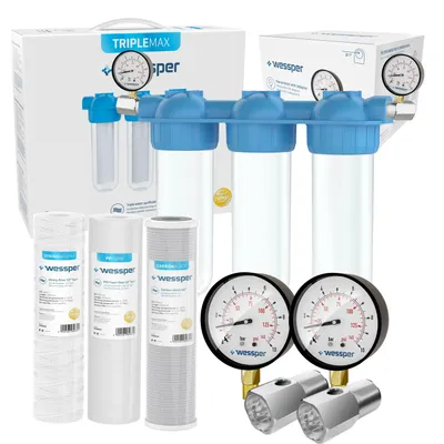 Produktbild von 10" 3-Stufen 1 Zoll IG Wasserfilter Vorfilter System mit 2x Druckanzeigen