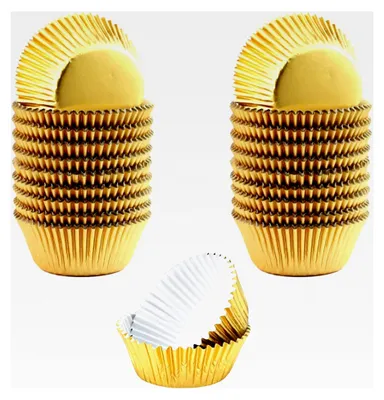 Produktbild von 100 Stück Muffinförmchen, Durchmesser 5 x 3 cm, Mini-Aluminiumfolie, Pappbecher, Kucheneinlage, goldene Einweg-Kuchenbecher, klein, geeignet für Kuchen, Muffins, Dessert, Backen