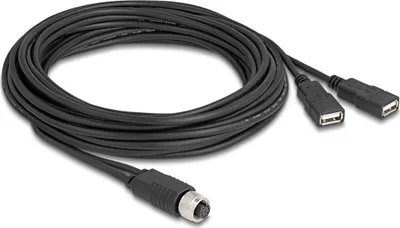 Produktbild von Delock M12 Kabel A-kodiert 8 Pin Buchse zu 2 x USB 2.0 Typ-A Buchse 5 m schwarz