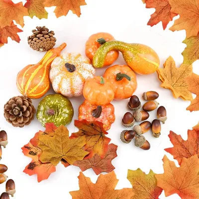 Produktbild von 70 künstliche Ahornblätter, kleine Eicheln, Tannenzapfen und Kürbisse, geeignet für Herbstdekoration, Halloween, den Hausgebrauch und Feiern