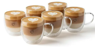 Productafbeelding van Dubbelwandige cappuccinoglazen, set van 4, 250 ml, dikkwandig met handvat, hartdesign