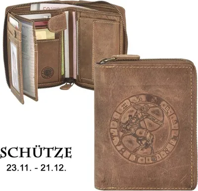 Produktbild von Greenburry Geldbörse Herren Leder braun antik Vintage mit Sternzeichen Prägung Portemonnaie mit Reißverschluss 821A-SCHÜTZE