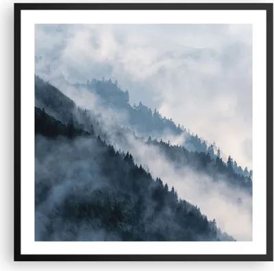 Produktbild von Gerahmtes Poster - Schwarzer Rahmen - Berge Nebel Bäume - 60x60 cm - Wand Bild - Wanddeko - Wandbilder - Kunstposter - Wandposter - Bilderrahmen - Bilder - Kunstdruck - P2BAC60x60-4429
