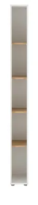 A tall, narrow bookshelf with five shelves, presented against a white background.