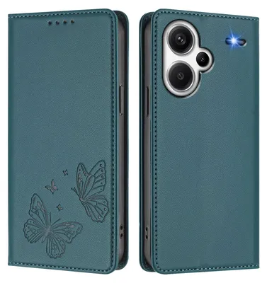 Obrázek produktu pro Kožené pouzdro pro Xiaomi Redmi Note 13 Pro+, motýlí ražbou, peněženkové flip pouzdro se stojánkem Zelená