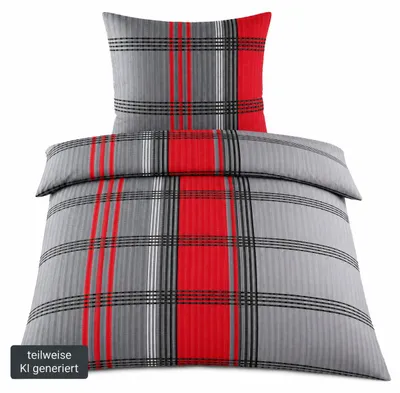 Produktbild von Seersucker Bettwäsche, 135x200 +80x80cm, rot grau Karo, bügelfrei