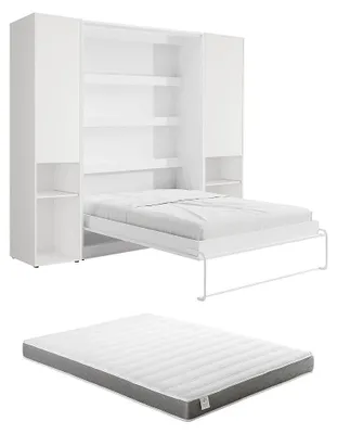 Produktbild von Vertikales Schrankbett 140 x 200 cm - 2 Aufbewahrungssäulen - Mit LEDs - Weiß + Matratze - RAPILI