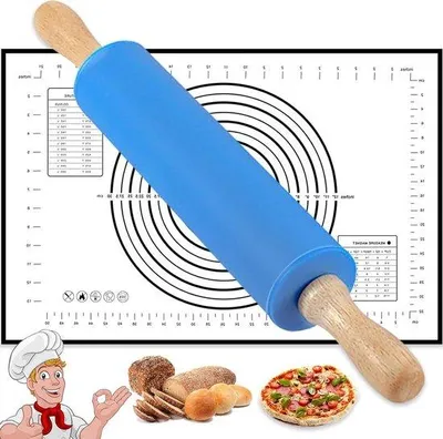 Image de Rouleau à pâtisserie en acier inoxydable de 17 pouces, bleu, avec tapis de cuisson