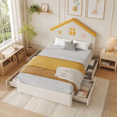 Produktbild von Flieks Kinderbett 140x200cm mit 4 Schubladen, Hausbett Doppelbett mit Lattenrost, Polsterbett Stauraumbett mit Haus-Kopfteil, Samt, Beige