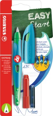 Produktbild von Ergonomischer Schulfüller für Rechtshänder mit Anfänger-Feder A - STABILO EASYbirdy in himmelblau/grasgrün - Einzelstift - Schreibfarbe blau (löschbar) - inklusive Patrone und Einstellwerkzeug