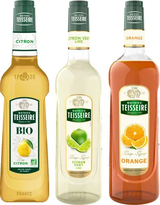Image de Sirop avec Teisseire Citrus - B.I.O. Citron 50cl, Citron vert 70cl, Orange 1l