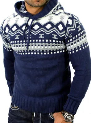 Produktbild von Reslad Herren Grobstrick Pullover Norweger Winter Kapuzenpullover RS-3013 Blau XL