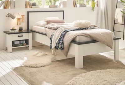 Produktbild von Schlafzimmer Set 2-teilig "Stove" in weiß Pinie Landhaus mit Einzelbett Liegefläche 90 x 200 cm und Nachttisch
