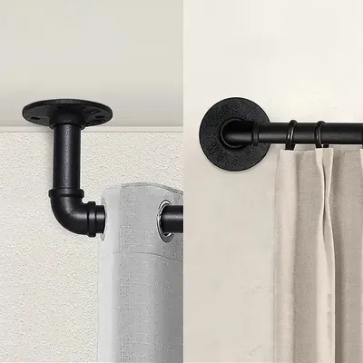 A split image showing two different ways to install a curtain rod. The left side shows a ceiling-mounted rod, and the right side shows a wall-mounted rod.