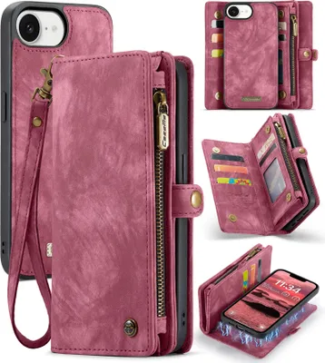 Produktbild von Schutzhülle für iPhone 16e/iPhone 17e, Vintage Multifunktions Lederhülle, Kartenfächer, Reißverschluss Hülle Rot