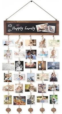 Produktbild von PromoHome® Fotovorhang mit 40 Holzklemmen und 10 Bilderrahmen - DIY Fotowand - Hanfseil 2 m - Braun