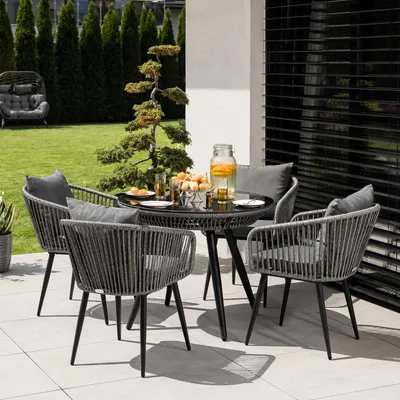Produktbild von di volio Gartenmöbel Set RIETI - Grau, Sitzgruppe outdoor aus Polyrattan, Essgruppe mit 4 Stühlen und rundem Glastisch, wetterfest