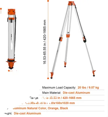 Zdjęcie produktu dla Laserowy statyw poziomujący VEVOR, regulowana wysokość 16,53-65,55 cali, wytrzymały odlew aluminiowy, teleskopowa noga