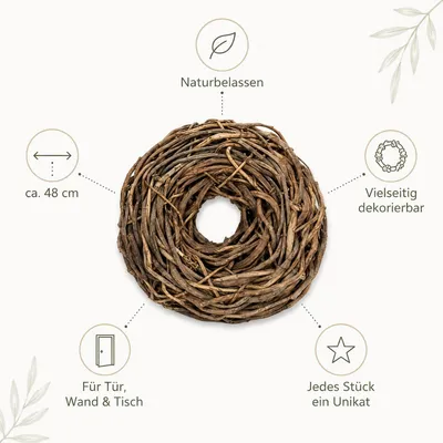 Produktbild von Lianenkranz Natur 38 48 65 85 cm Türkranz Wandkranz Tischkranz DIY Dekokranz, Größe:Ø 48 cm