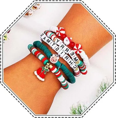 Produktbild von Kerstkralenarmbandset mit Weihnachtsmann und Rentier - bunte Armbänder - Stern - stapelbar - Damen - Festtagsaccessoires