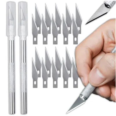 Produktbild von KRUMAD Präzisions Skalpell Messer Set, 2 Bastelmesser mit 20 Klingen, Profi Cuttermesser für Modellbau, Basteln, DIY und Künstlerbedarf