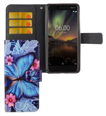A flip-style phone case with a butterfly design is shown open, revealing card slots and a phone inside.