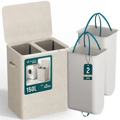 Produktbild von VOUNOT® Wäschekorb 2 Fächer 150L, Wäschesammler mit Deckel Beige