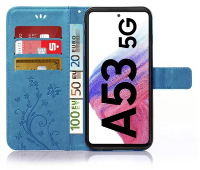 Produktbild von Handy Tasche für Samsung Galaxy A53 5G Schutz Hülle Handyhülle mit Blumenmuster Klapp Hülle mit Standfunktion und Kartenfächer Blau