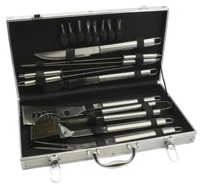 Image de Omgoods - Ensemble d'outils pour barbecue, présenté dans une mallette - 18 pièces