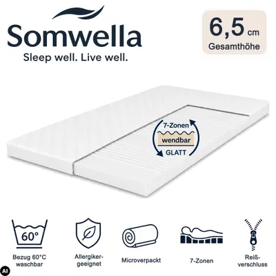 Produktbild von Somwella 7-Zonen-Wendetopper 6,5 cm, 180x200 cm, Härtegrad H4/H5, Bezug bis 60 °C waschbar