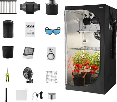 A collection of items for a grow tent setup, including the tent itself, lighting, ventilation, and accessories.