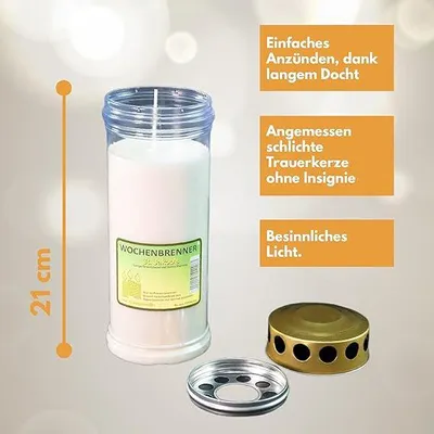 Produktbild von Grabkerze Wochenbrenner mit Deckel und Motiv Auswahl, 7 Tage Brenndauer, Weiß (ohne Motiv) 6 Stück
