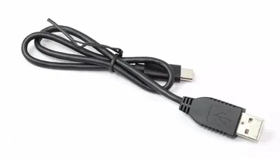 A black USB-C to USB-A cable is shown on a white background.