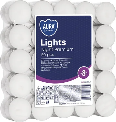 Zdjęcie produktu dla Podgrzewacze bezzapachowe tealight BISPOL Aura 8H NIGHT LIGHTS 50szt.
