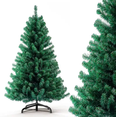 A green artificial Christmas tree on a white background.
