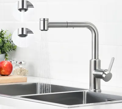 Produktbild von Küchenarmatur mit ausziehbarer Brause, gebürsteter Spültischarmatur, Warm- und Kaltwasserhahn, 2 Wasserausgabemodi