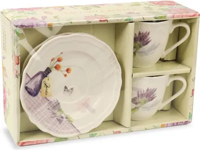 Zdjęcie produktu dla Zestaw 2 filiżanek i 2 talerzyków ceramicznych z kwiatami w wazonie w prezentowym opakowaniu