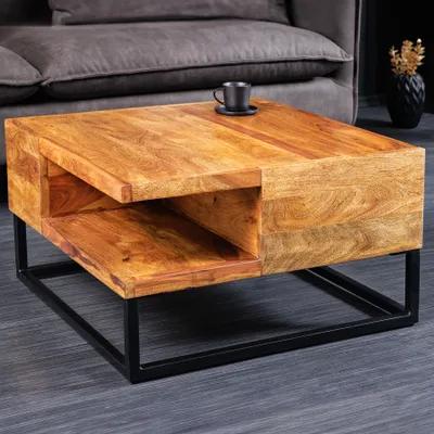 Produktbild von riess-ambiente Massivholz Couchtisch GIANT 60cm natur Sheesham stone finish Metall schwarz mit Ablage Beistelltisch Tisch
