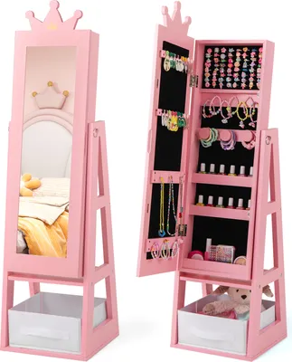 Produktbild von DREAMADE Kinder-Schmuckschrank, freistehender Ganzkörperspiegel mit großer Speicherkapazität, rosa