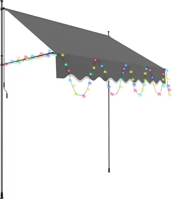Obrázek produktu pro Svěrná markýza TolleTour s LED diodami Markýza 200x120 cm Výškově nastavitelná balkonová markýza s ruční klikou Ochrana proti slunci bez vrtání pro terasy a balkony Šedá barva