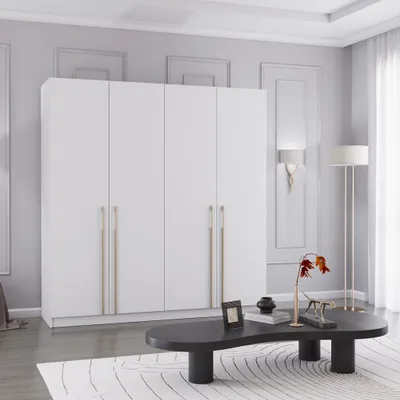 Drehtürenschrank in Weiß/Weiß vier Türig
Breite:	200 cm
Höhe: 210 cm	
Tiefe: 57 cm