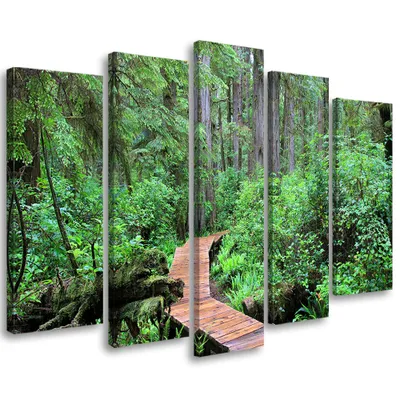 Produktbild von 5-teiliges leinwandbild regenwald brücke 100x70 cm Feeby grün wandbild bereit zum aufhängen