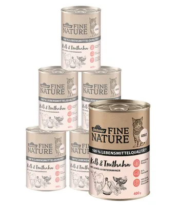 Produktbild von Dehner Fine Nature Katzenfutter, Nassfutter getreidefrei, für ausgewachsene Katzen, Kalb / Truthahn, 6 x 400 g Dose (2.4 kg)
