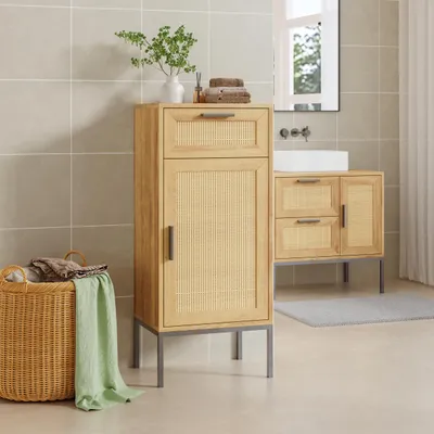 Image de Armoire de salle de bain « Marhasa » avec porte et tiroir, aspect rotin, 92 x 40 x 30 cm, aspect chêne / noir