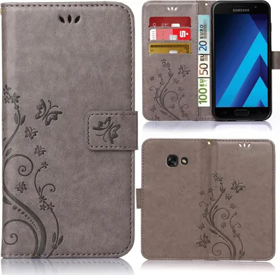 Produktbild von Handy Tasche für Samsung Galaxy A5 2017 Schutz Hülle Handyhülle mit Blumenmuster Klapp Hülle mit Standfunktion und Kartenfächer Farbe: Grau