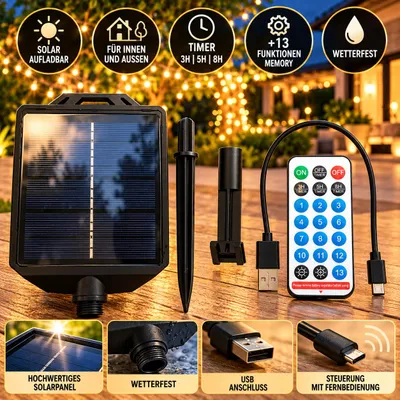 Produktbild von Solarpanel mit Fernbedienung Timer Solar USB aufladbar für LED Lichterketten Strombetrieben